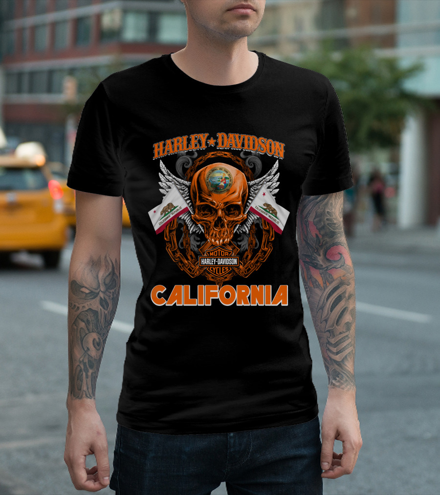 Harley Davidson California Skull Emblem With State Flag And Wings T-Shirt