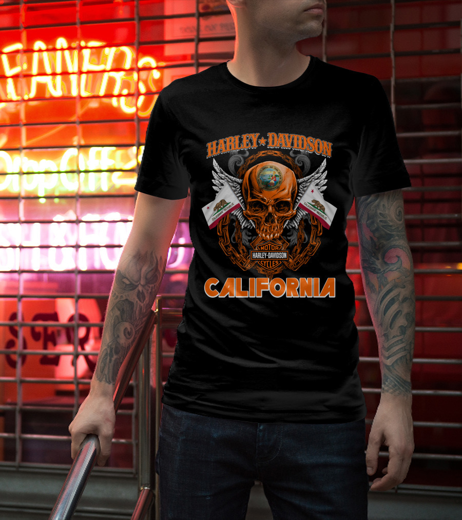 Harley Davidson California Skull Emblem With State Flag And Wings T-Shirt