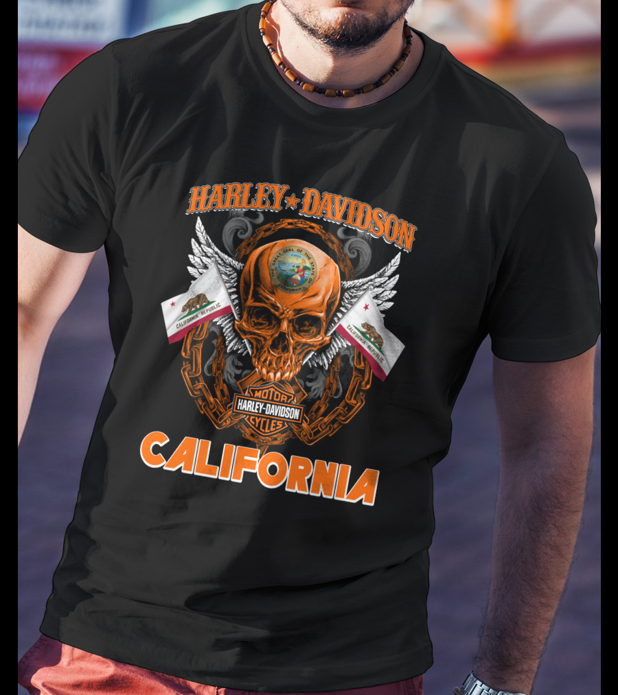 Harley Davidson California Skull Emblem With State Flag And Wings T-Shirt