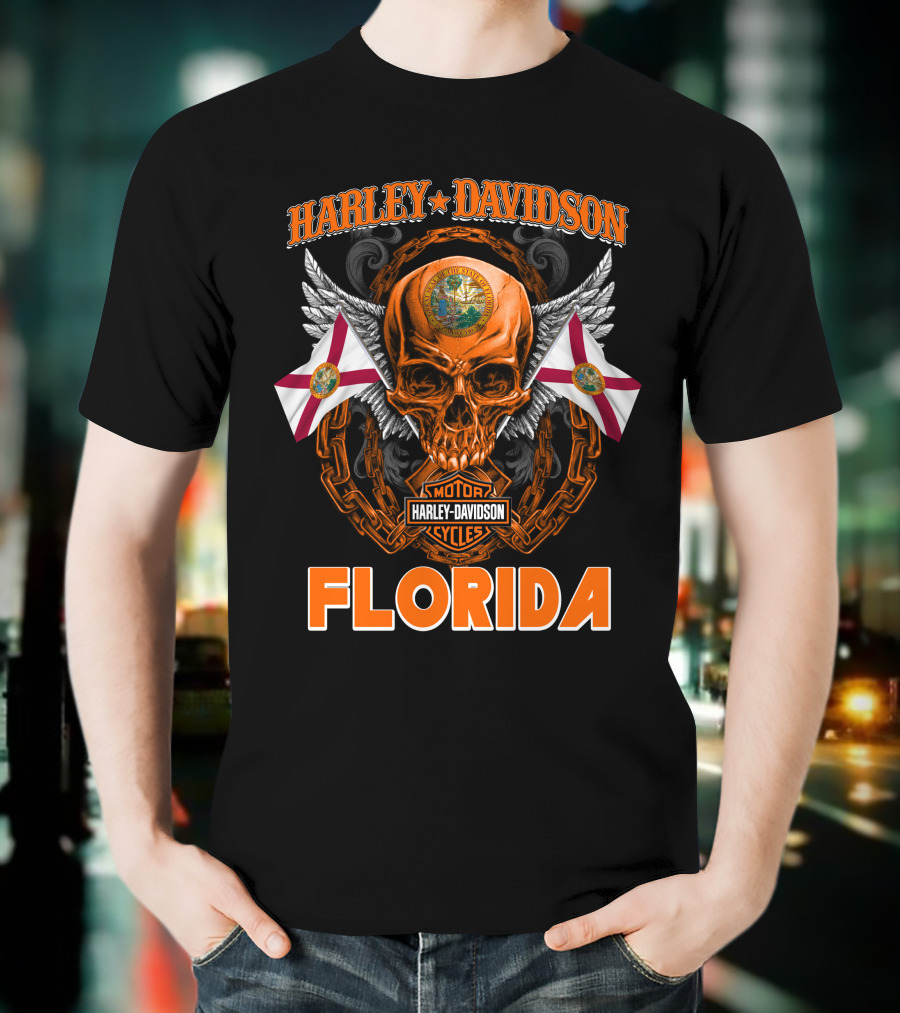 Harley Davidson Florida Skull With Chains And Florida Flags T-Shirt