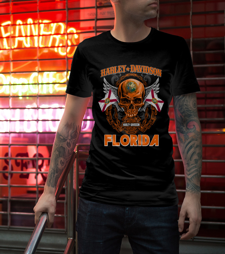 Harley Davidson Florida Skull With Chains And Florida Flags T-Shirt
