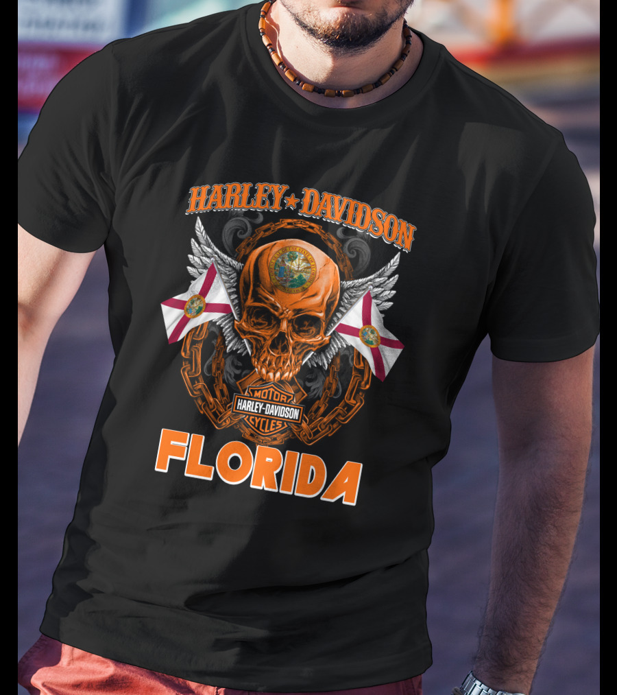 Harley Davidson Florida Skull With Chains And Florida Flags T-Shirt