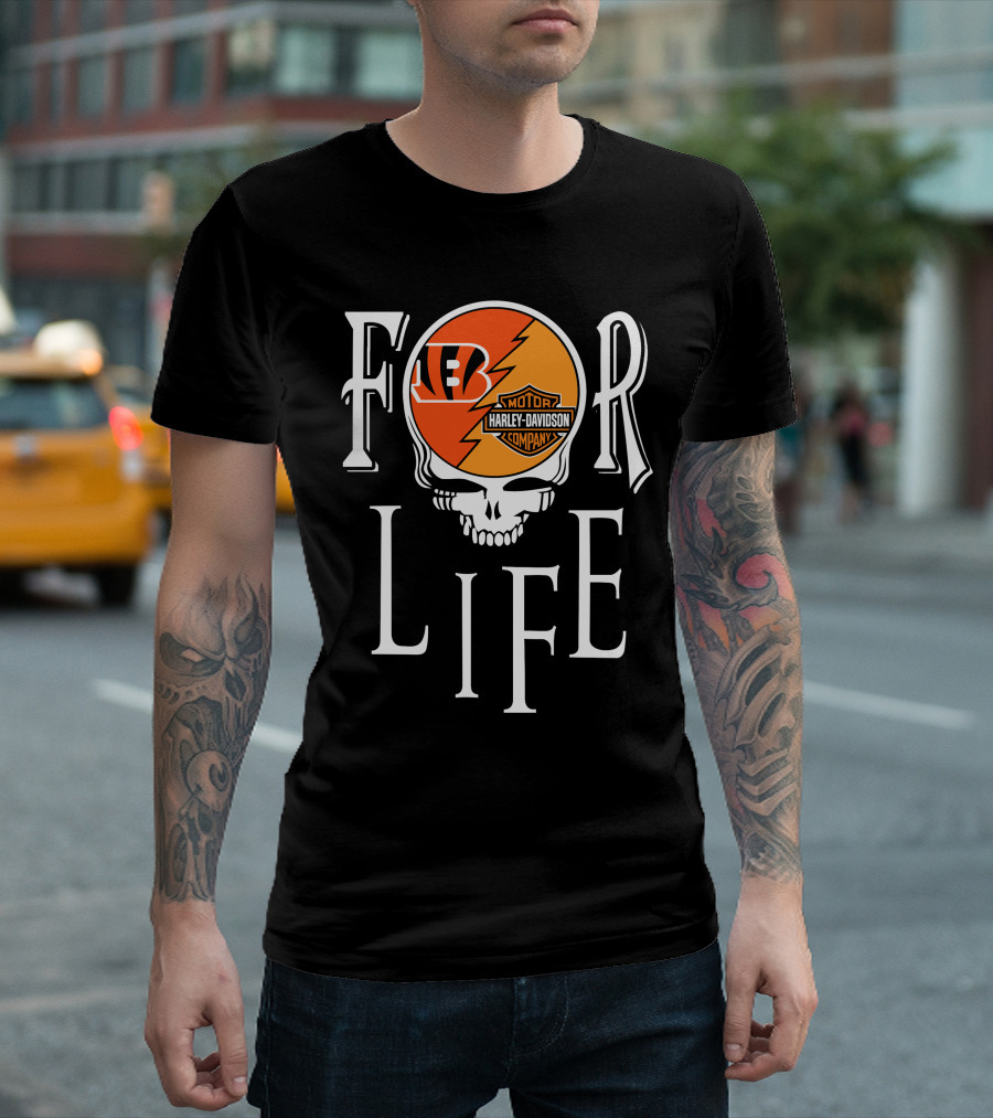 Cincinnati Bengals Harley Davidson Nfl For Life Skull T-Shirt
