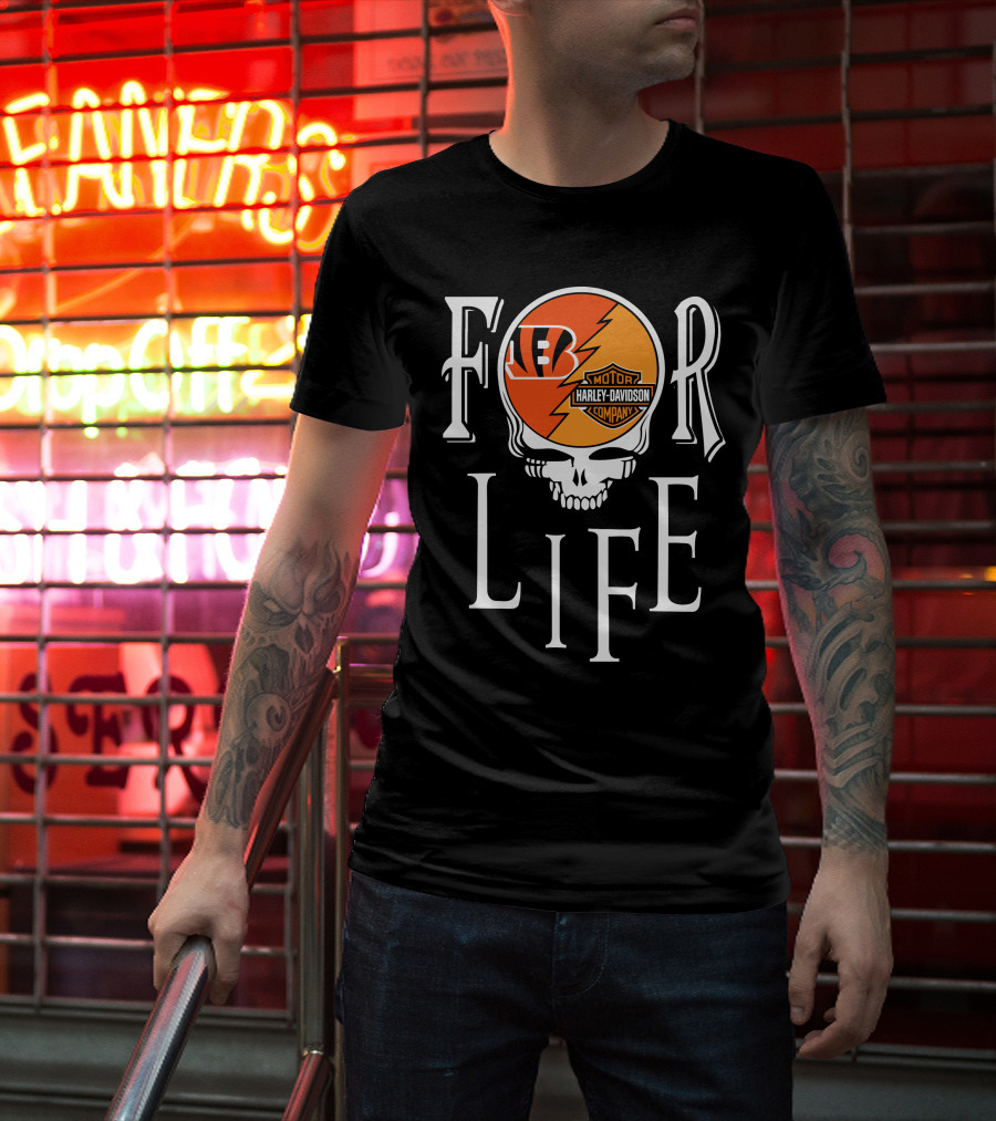 Cincinnati Bengals Harley Davidson Nfl For Life Skull T-Shirt