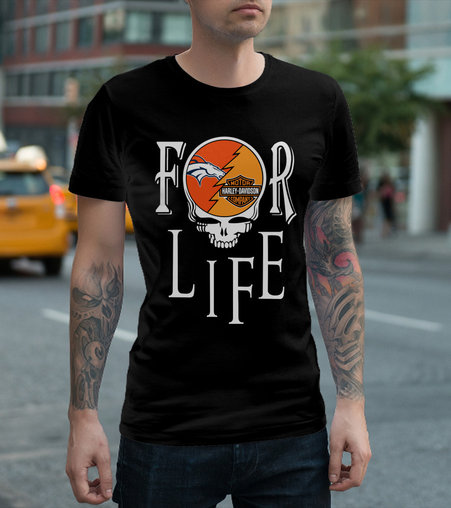 Denver Broncos Harley Davidson Nfl For Life Skull T-Shirt