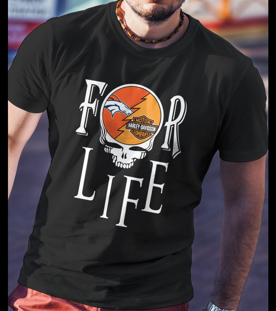 Denver Broncos Harley Davidson Nfl For Life Skull T-Shirt