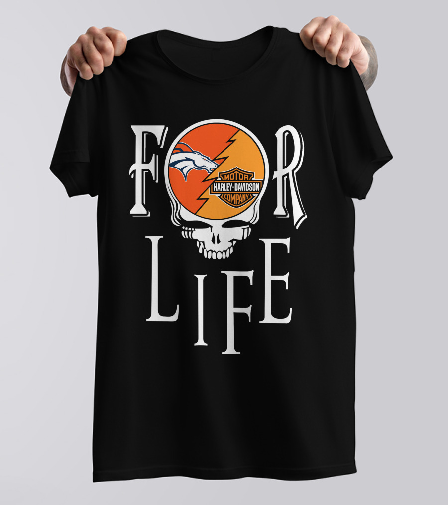 Denver Broncos Harley Davidson Nfl For Life Skull T-Shirt
