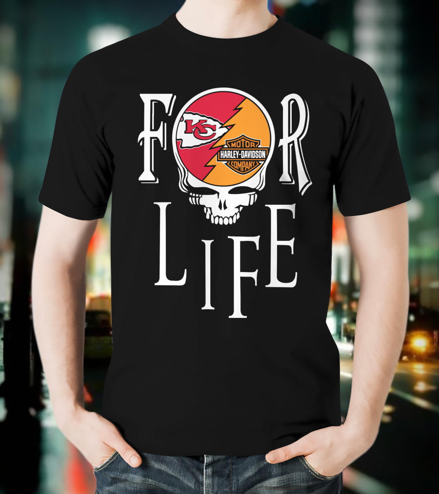 Kansas City Chiefs Harley Davidson Nfl For Life Skull T-Shirt