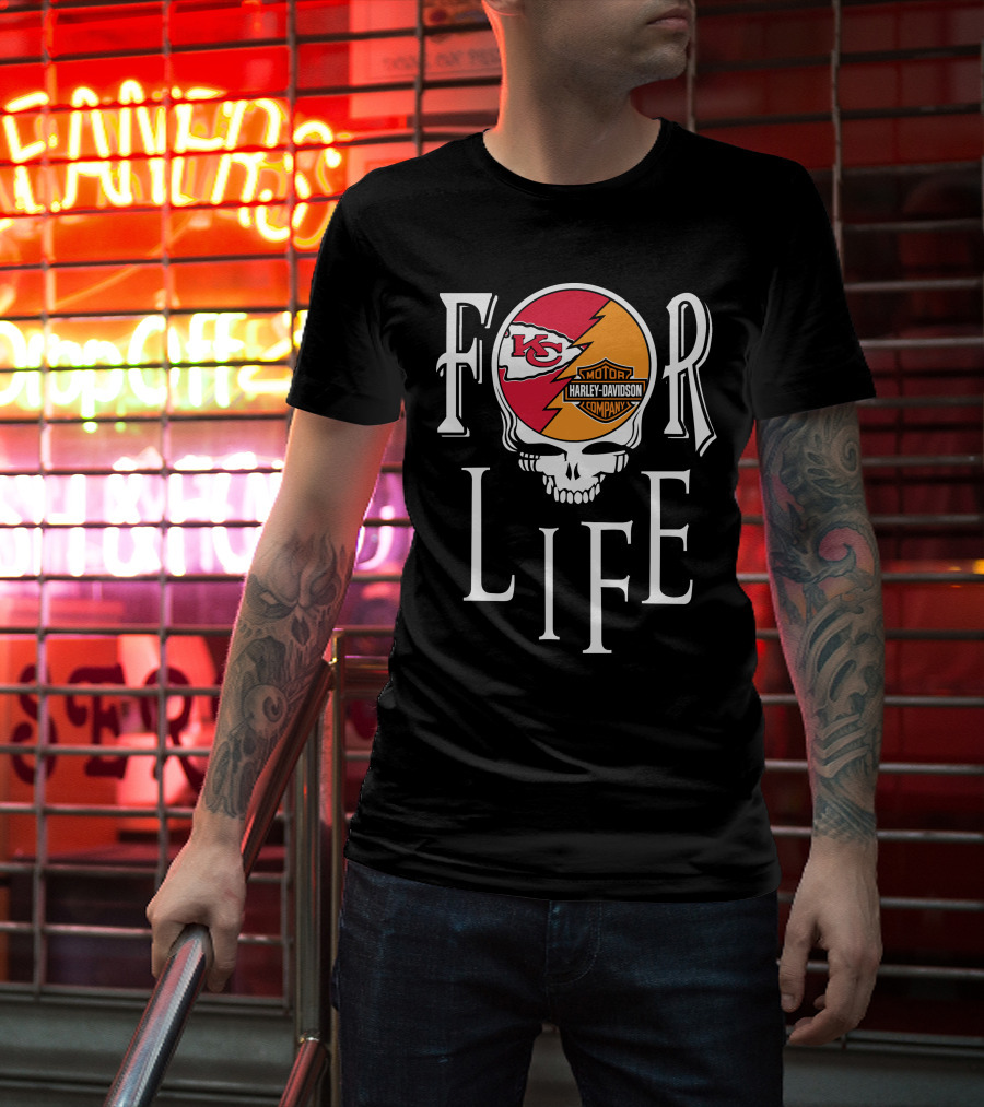 Kansas City Chiefs Harley Davidson Nfl For Life Skull T-Shirt