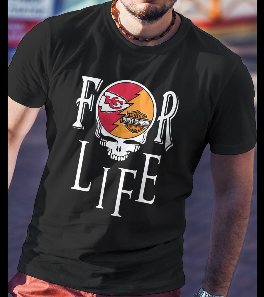 Kansas City Chiefs Harley Davidson Nfl For Life Skull T-Shirt