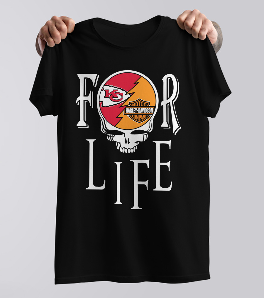 Kansas City Chiefs Harley Davidson Nfl For Life Skull T-Shirt