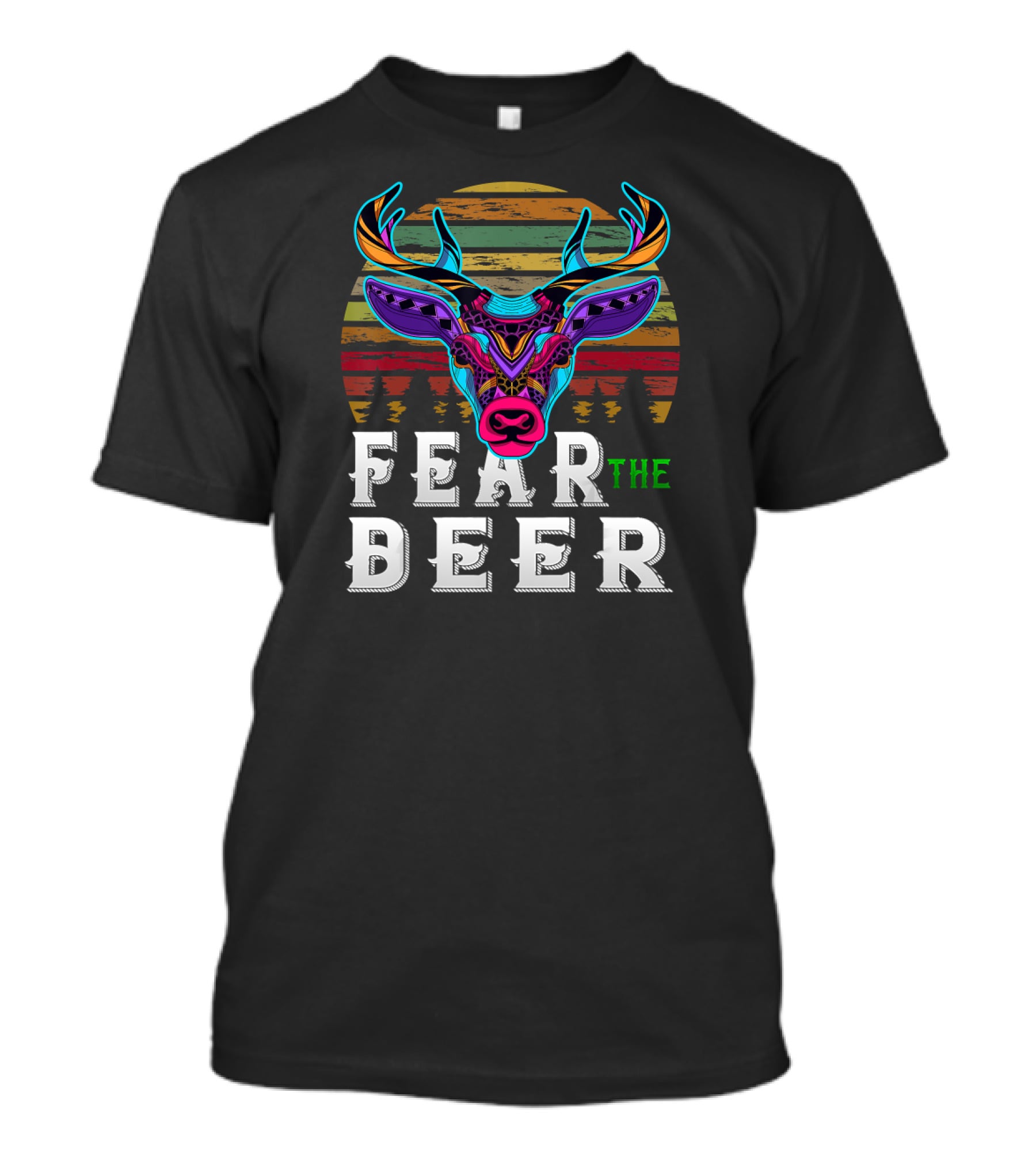 Fear The Deer Colorful Deer Head And Sunset Stripes T-Shirt