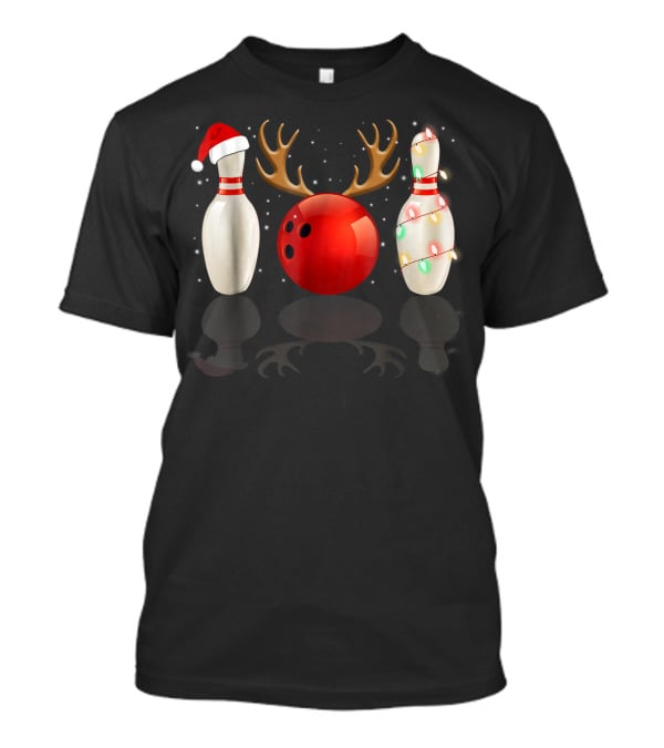 Reindeer Antlers Bowling Ball Santa Hat Christmas Lights Bowling Pins Funny Holiday Bowling T-Shirt
