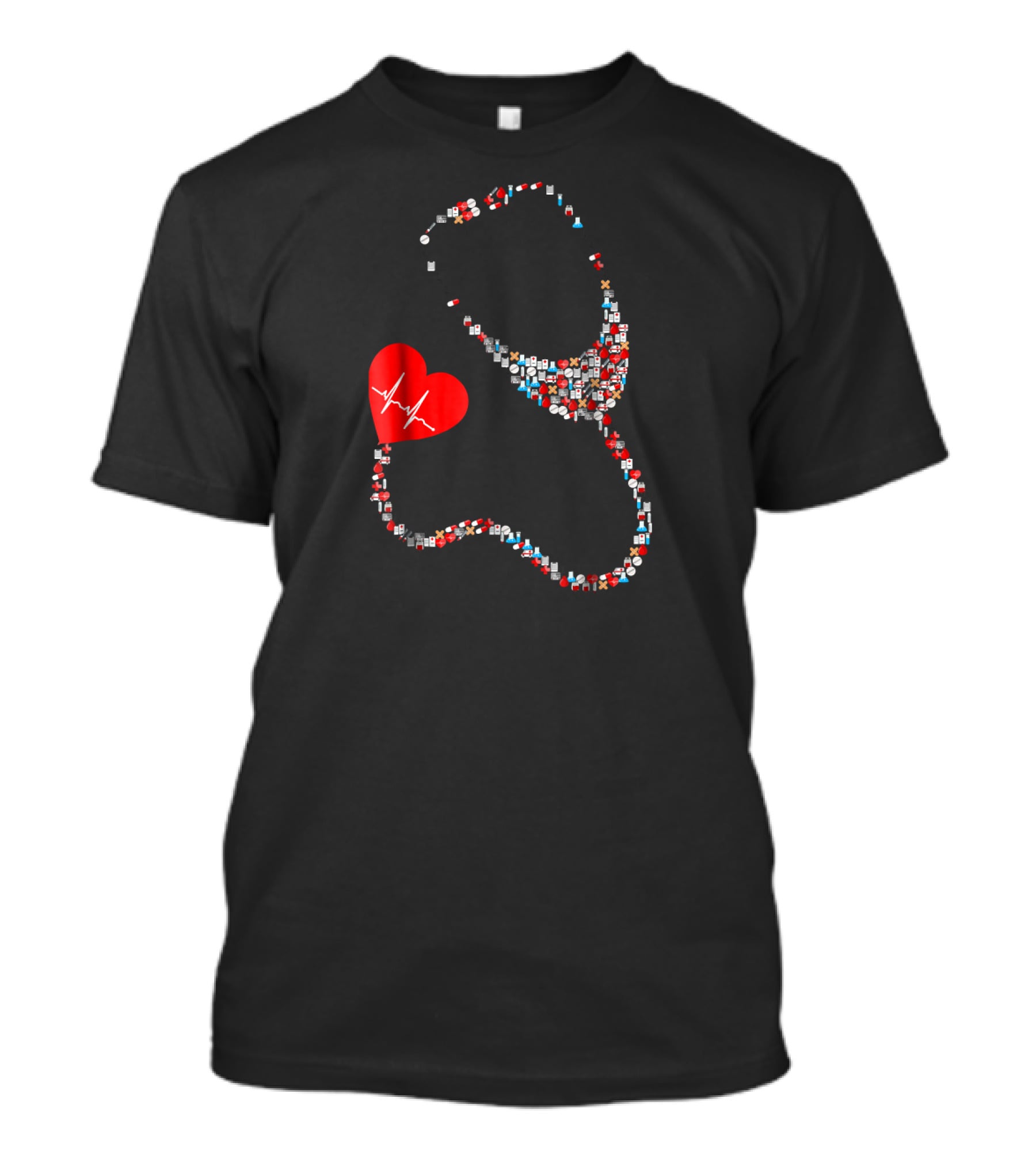 Doctor Or Nurse Stethoscope With Red Heart Icon And Medical Symbols T-Shirt