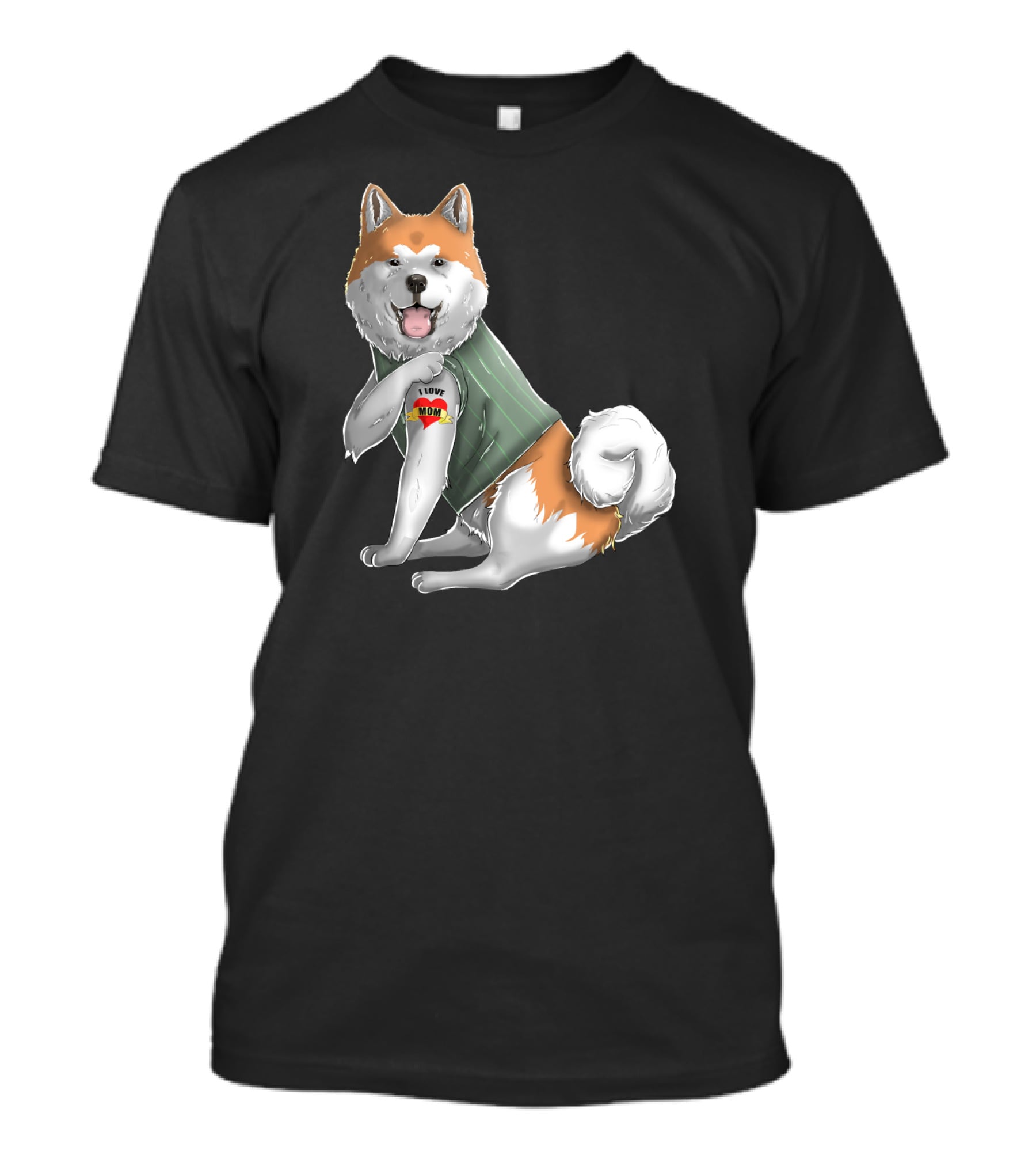Akita Inu I Love Mom Tattoo Dog With Heart Tattoo Wearing Vest T-Shirt
