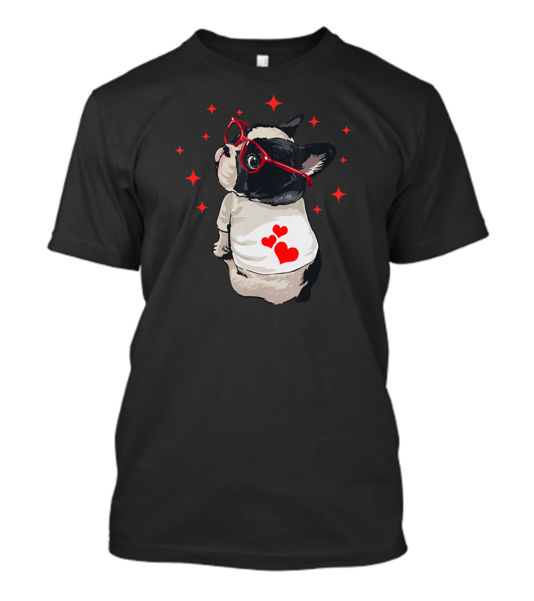 American Boston Terrier Red Glasses Hearts Stars T-Shirt