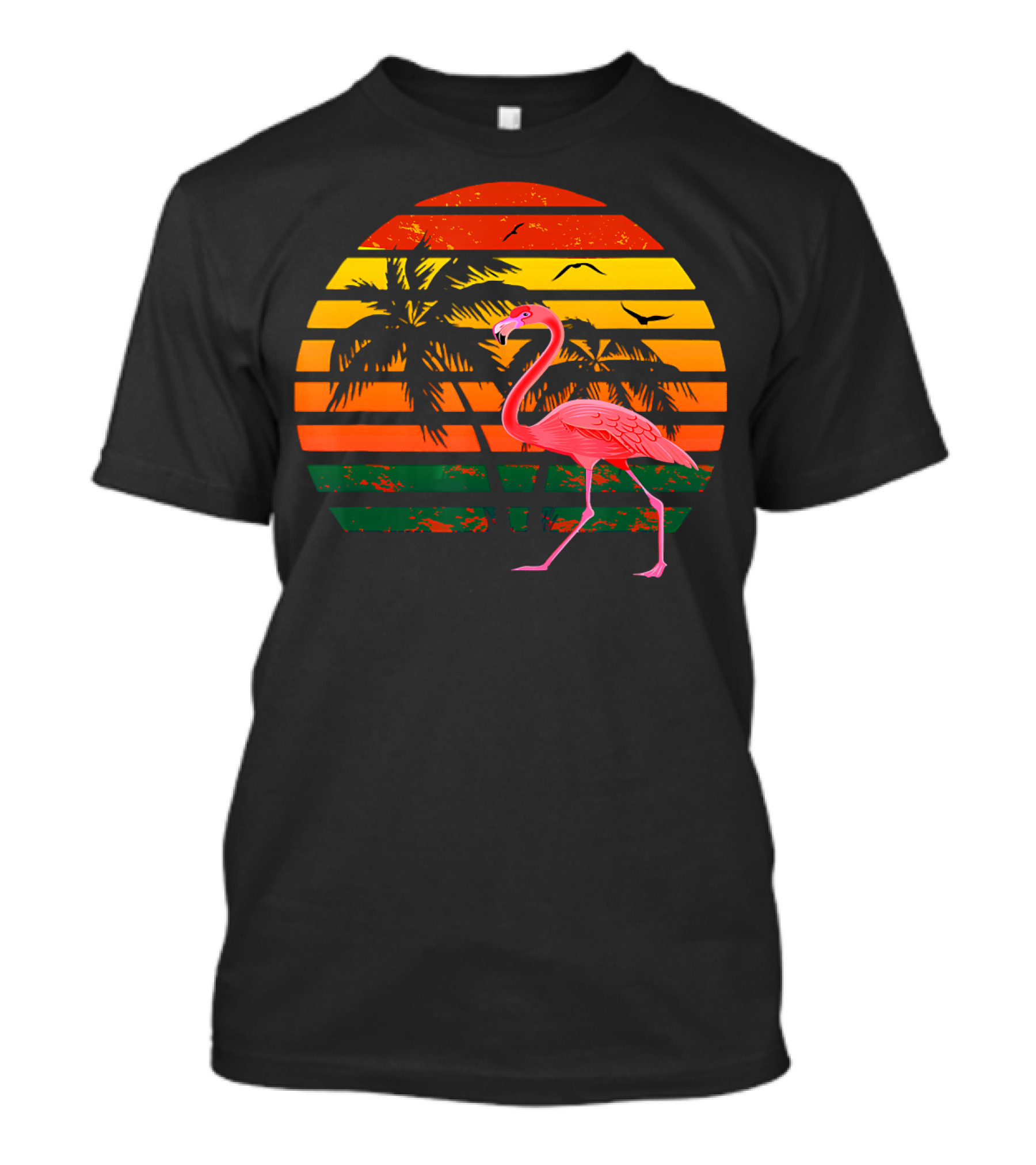 Vintage Flamingo Bird Tropical Sunset With Palm Trees And Birds T-Shirt