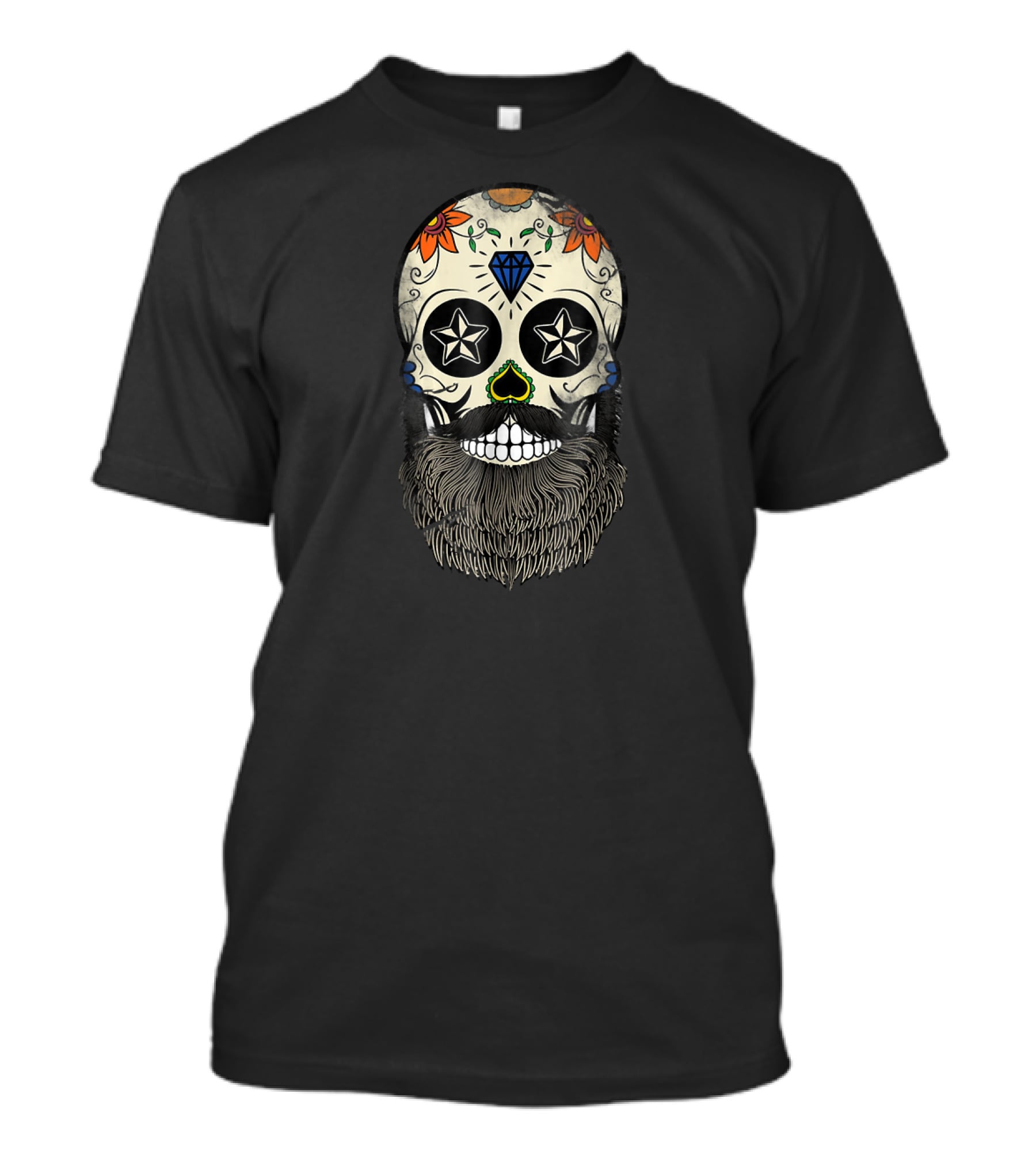 Sugar Skull Beard With Stars And Flowers T-Shirt