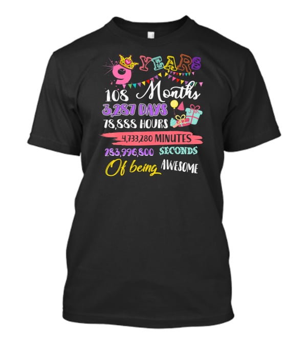 9 Years Birthday Celebration For Girls With Crown And Gifts T-Shirt