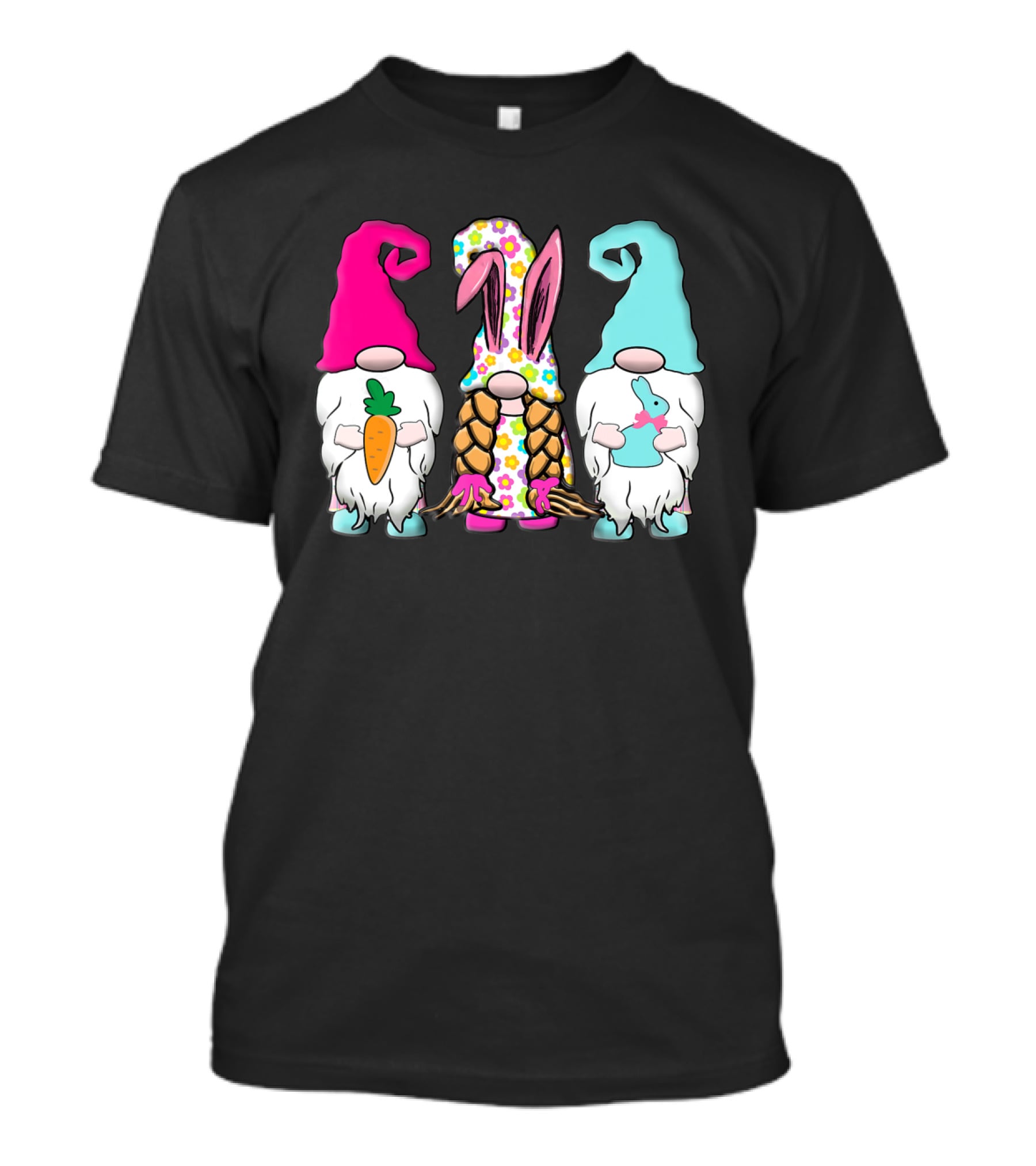 3 Easter Gnomes Pastel Spring Bunny Ears Rabbit Carrot Floral T-Shirt