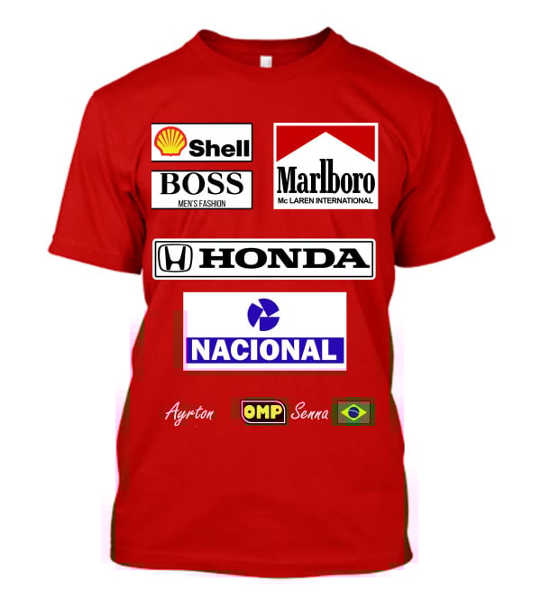 Shell Boss Marlboro McLaren Honda Nacional Ayrton Senna OMP Brazil Flag T-Shirt