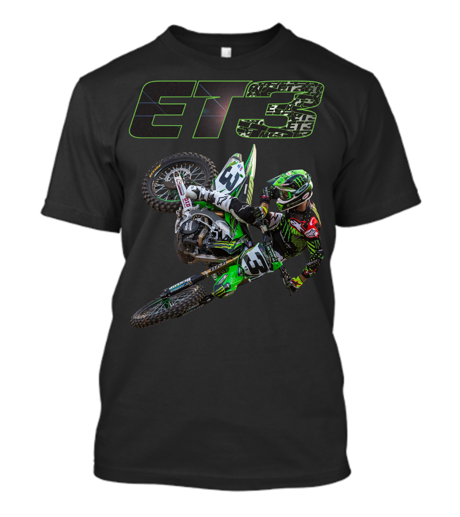 ET3 Motor Cross Rider In Action With Green Racing Gear T-Shirt