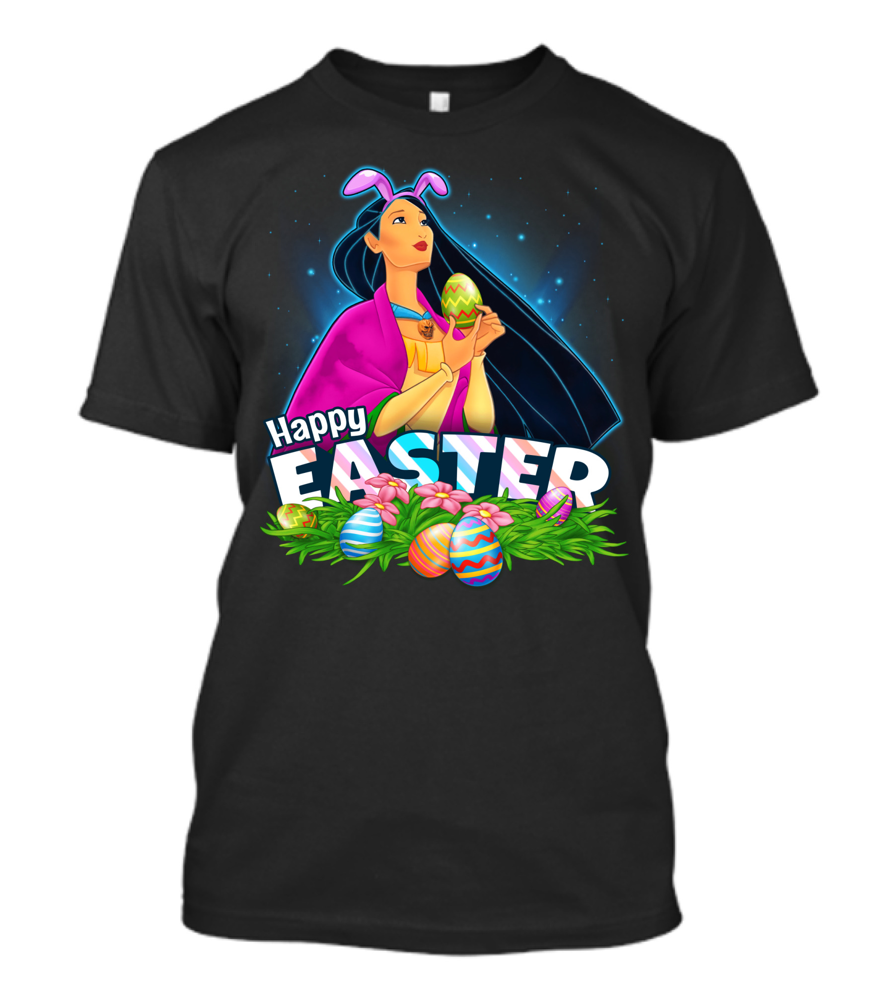 Pocahontas Happy Easter Colorful Eggs And Flowers Scene T-Shirt