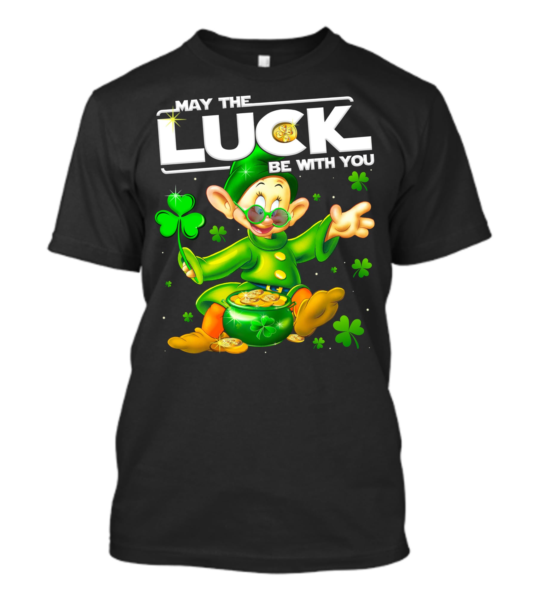 Dopey May The Luck Be With You Leprechaun Green Outfit Coins Shamrocks T-Shirt