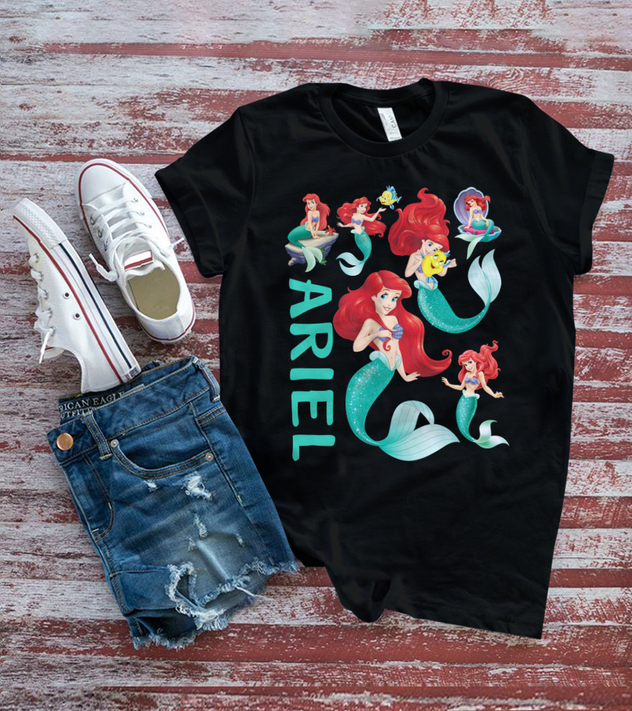 Ariel Mermaid Adventures With Flounder And Shell In Blue Teal Letters T-Shirt