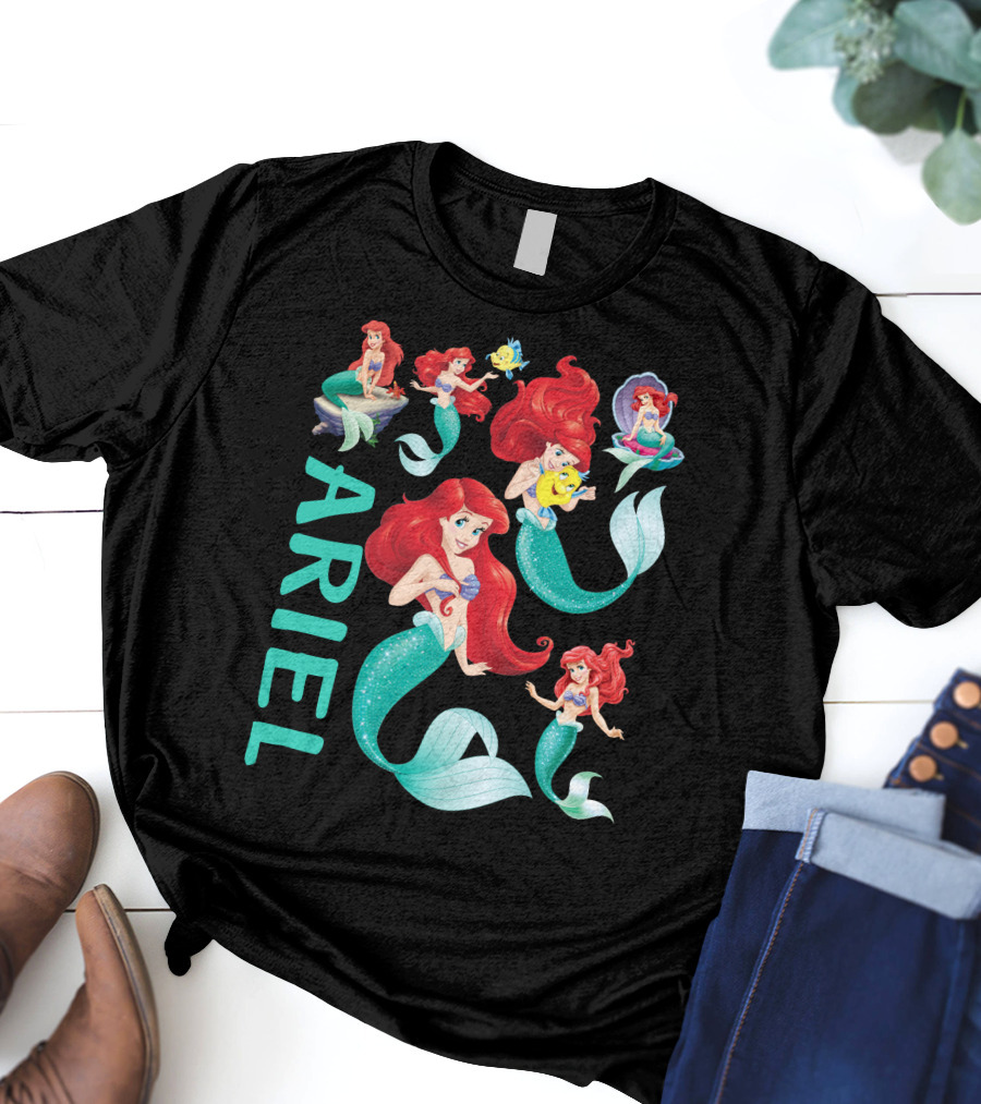 Ariel Mermaid Adventures With Flounder And Shell In Blue Teal Letters T-Shirt