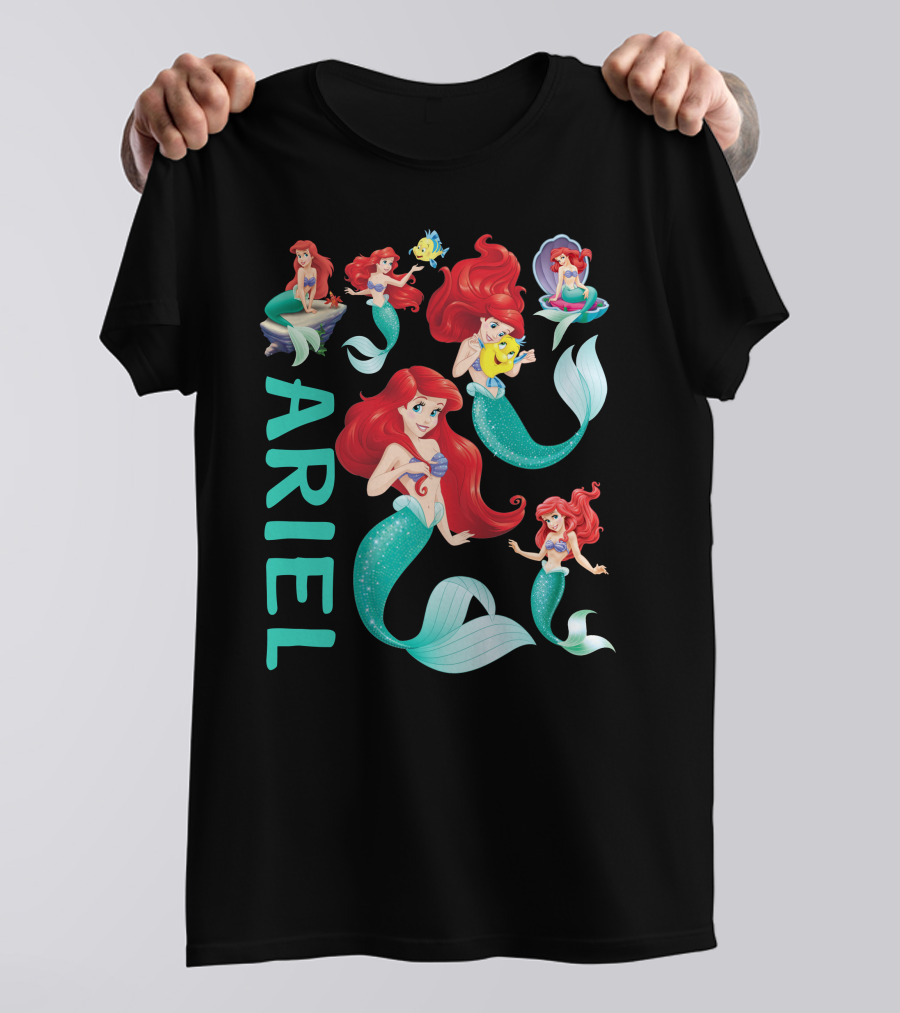 Ariel Mermaid Adventures With Flounder And Shell In Blue Teal Letters T-Shirt