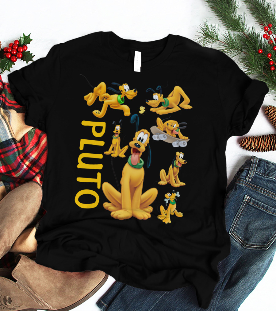 Pluto Character Poses Collection With Skateboarding And Chewy Bone T-Shirt