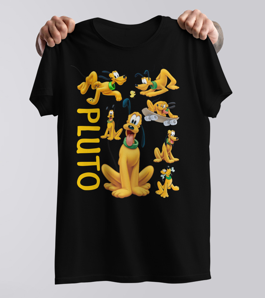 Pluto Character Poses Collection With Skateboarding And Chewy Bone T-Shirt