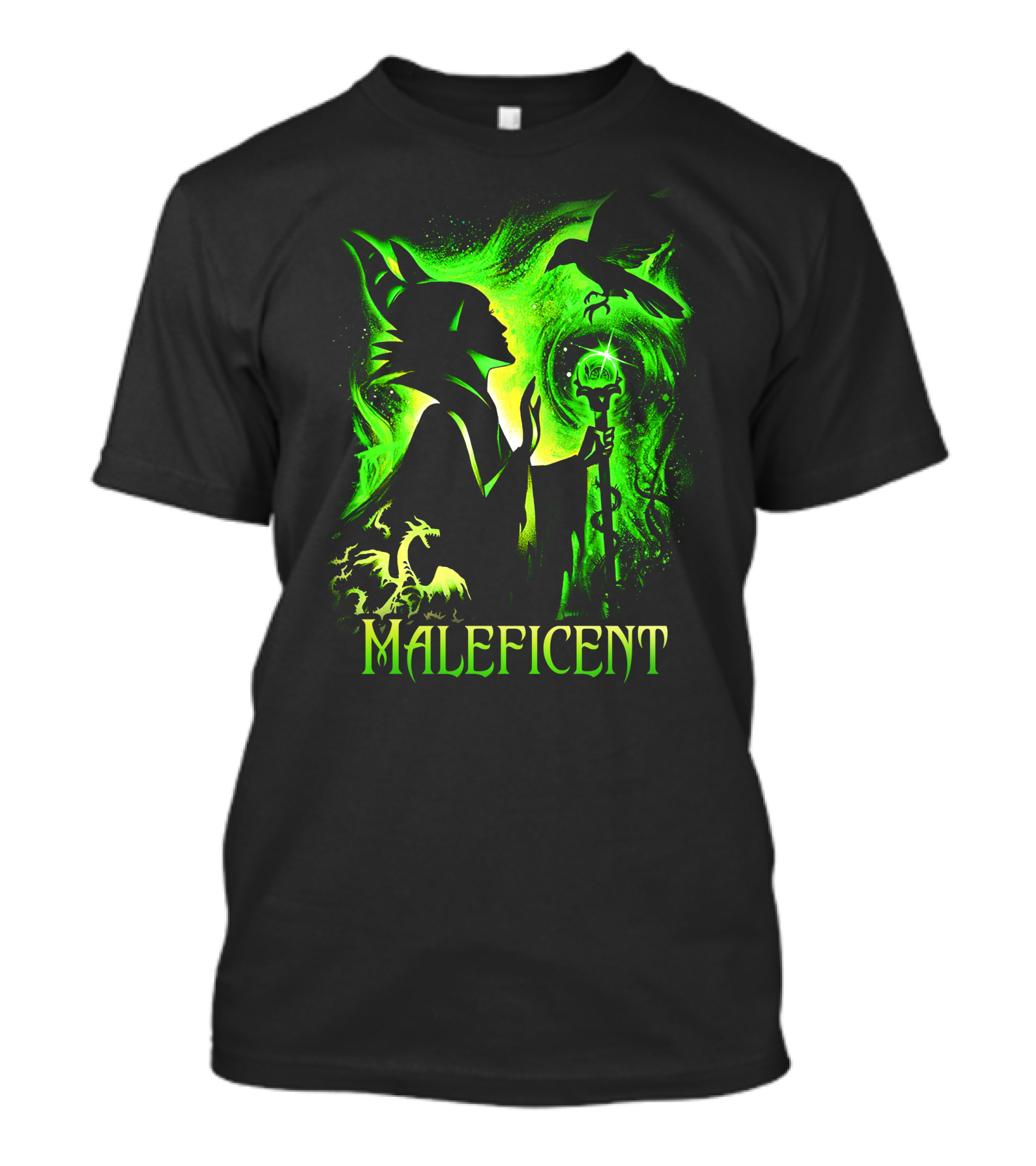 Maleficent Green Silhouette With Dragon Raven And Staff T-Shirt