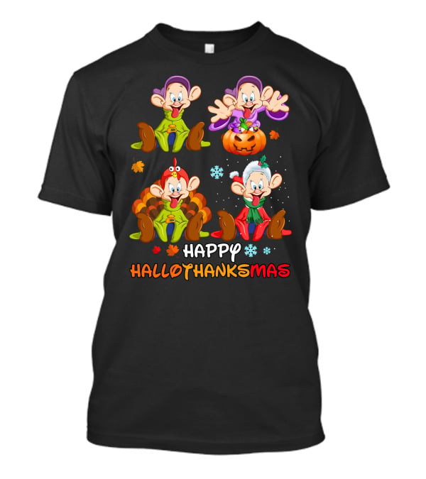 Happy Hallothanksmas Dopey Snow White Dwarfs Pumpkin Turkey Santa Hat T-Shirt