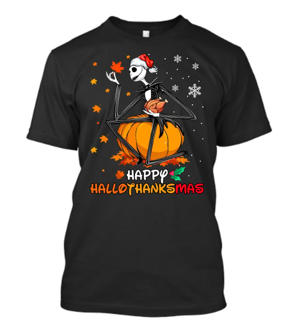 Happy Hallothanksmas Pumpkin Skeleton Holding Turkey T-Shirt