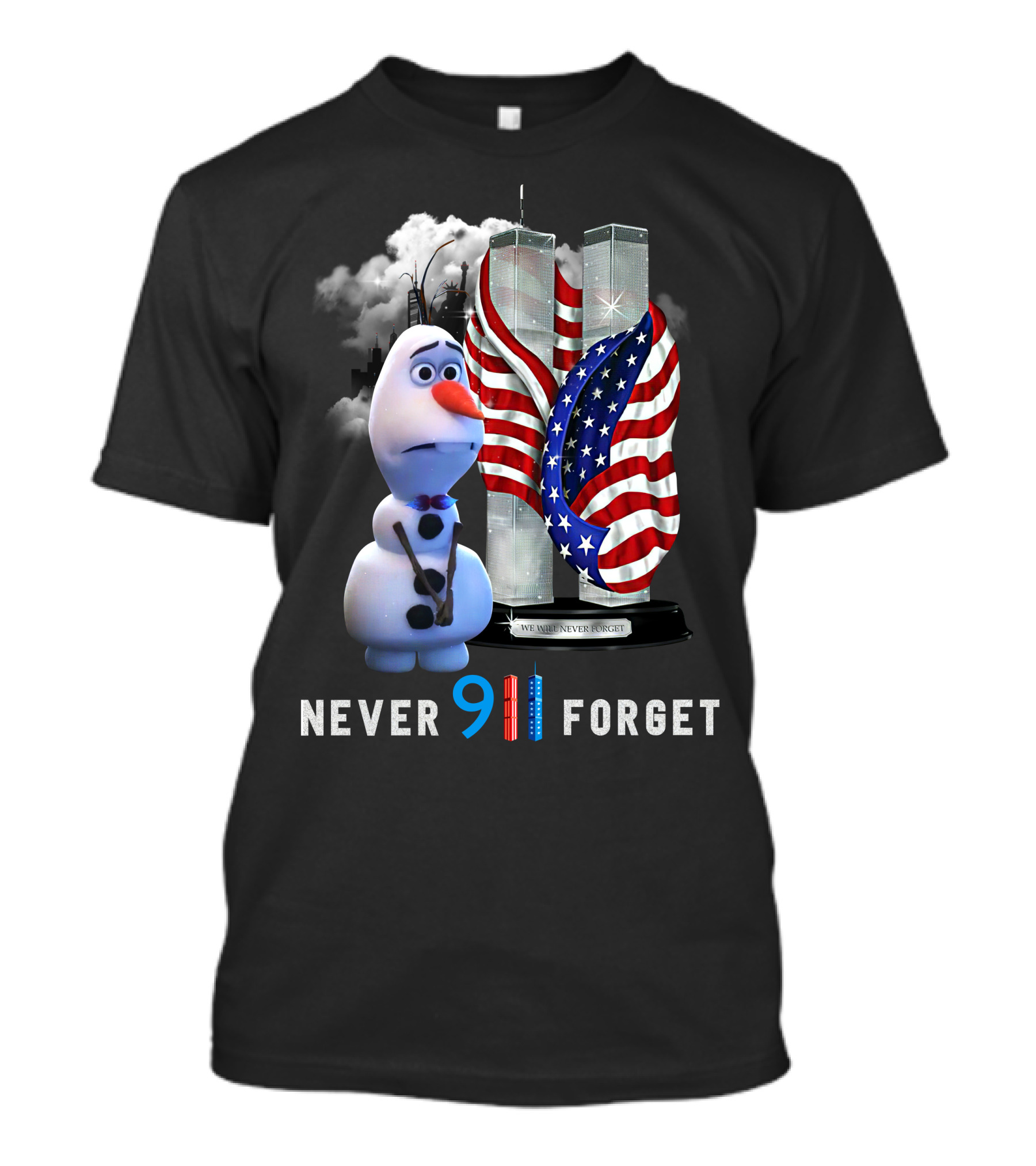 Never Forget Olaf Twin Towers American Flag 9/11 Memorial T-Shirt