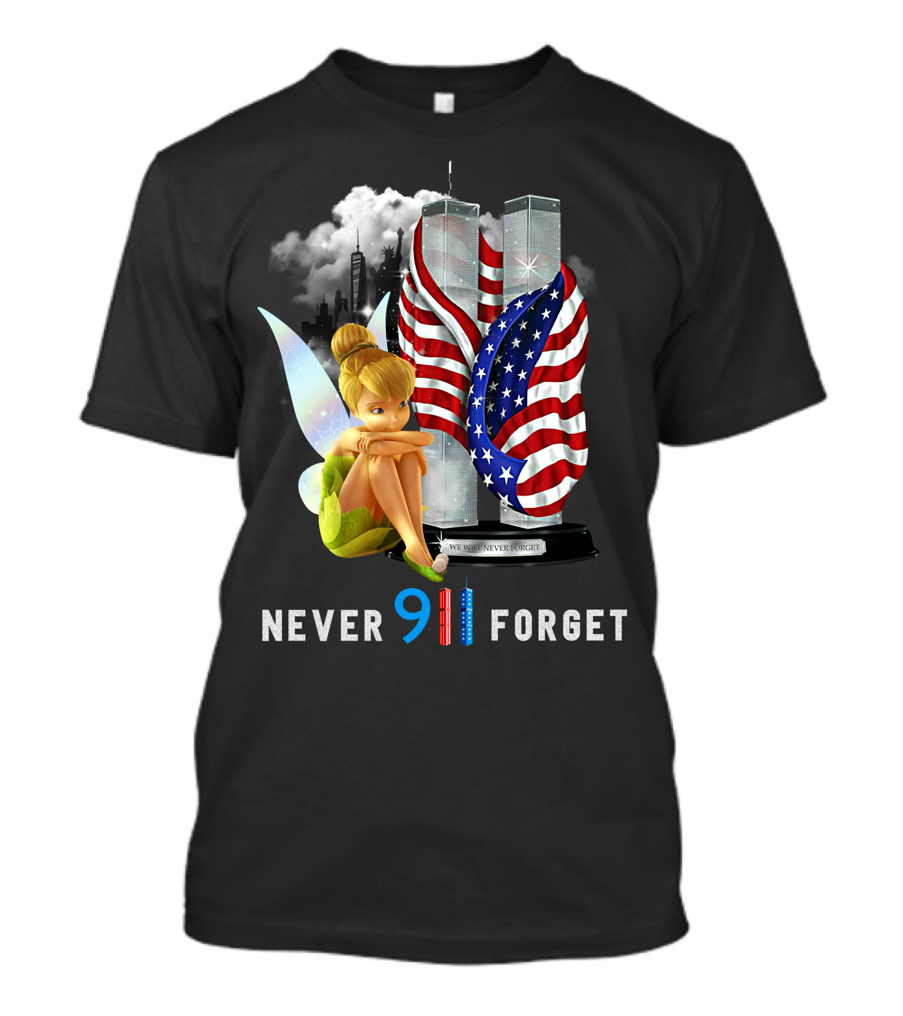 Tinker Bell Never 9/11 Forget Twin Towers American Flag Memorial T-Shirt