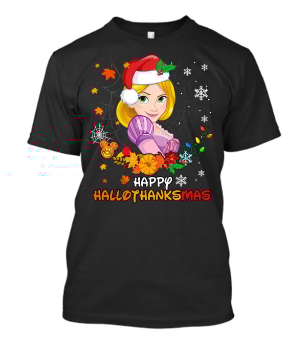 Happy Hallothanksmas Rapunzel Festive Mashup With Santa Hat Autumn Leaves And Christmas Lights T-Shirt
