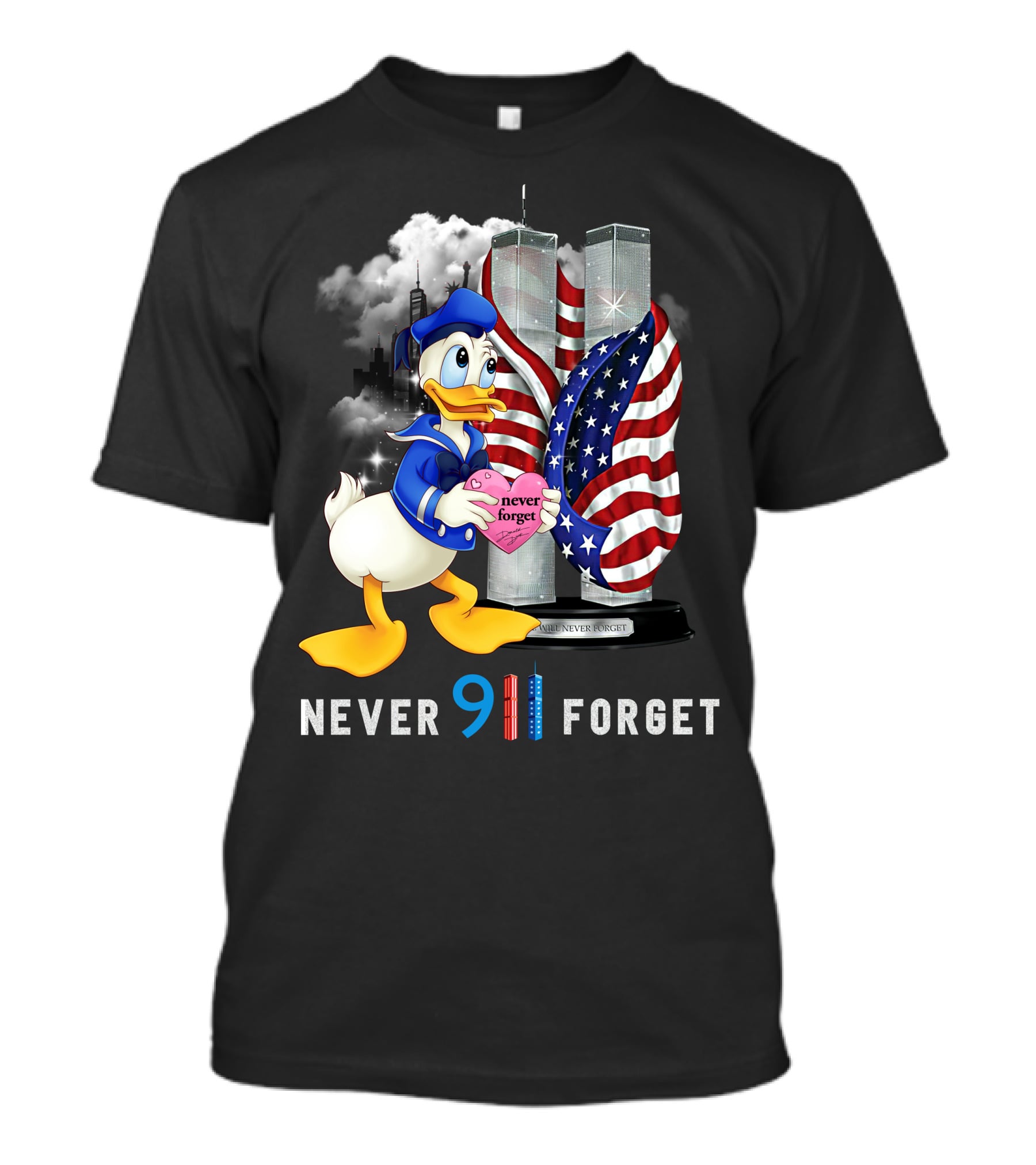 Never 911 Forget Donald Duck Twin Towers Usa Flag T-Shirt