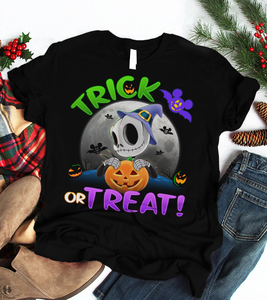 Trick Or Treat Jack Skellington Halloween Moon Bat Pumpkin T-Shirt