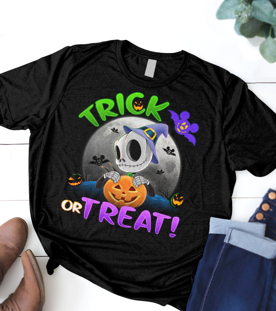 Trick Or Treat Jack Skellington Halloween Moon Bat Pumpkin T-Shirt