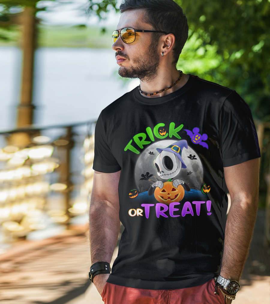 Trick Or Treat Jack Skellington Halloween Moon Bat Pumpkin T-Shirt