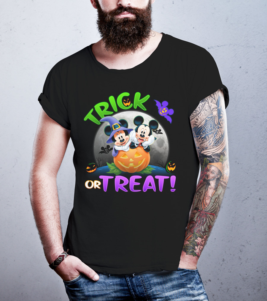 Trick Or Treat Mickey And Minnie Halloween Jack-O'-Lantern Moon T-Shirt