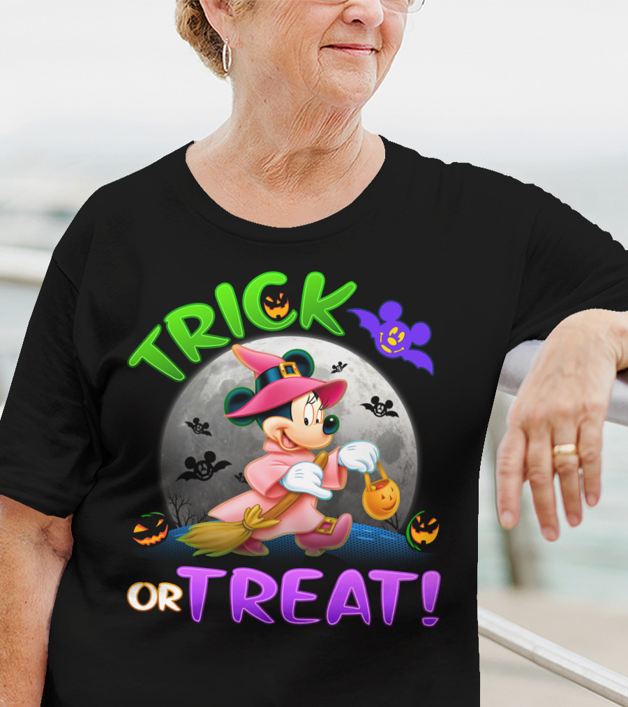 Trick Or Treat Minnie Halloween Witch Costume Broom Moon Bats Pumpkins T-Shirt