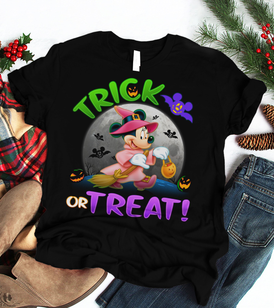 Trick Or Treat Minnie Halloween Witch Costume Broom Moon Bats Pumpkins T-Shirt