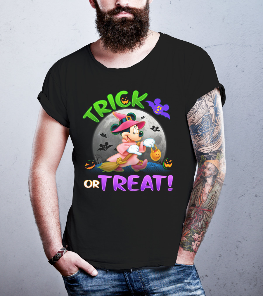 Trick Or Treat Minnie Halloween Witch Costume Broom Moon Bats Pumpkins T-Shirt