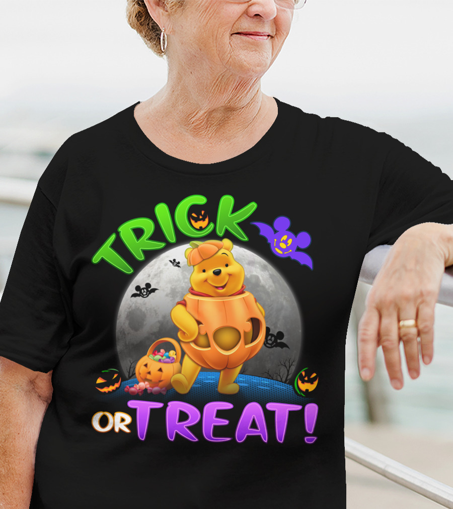 Trick Or Treat Pooh Halloween Moon Bats And Pumpkins T-Shirt