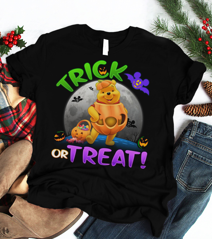 Trick Or Treat Pooh Halloween Moon Bats And Pumpkins T-Shirt