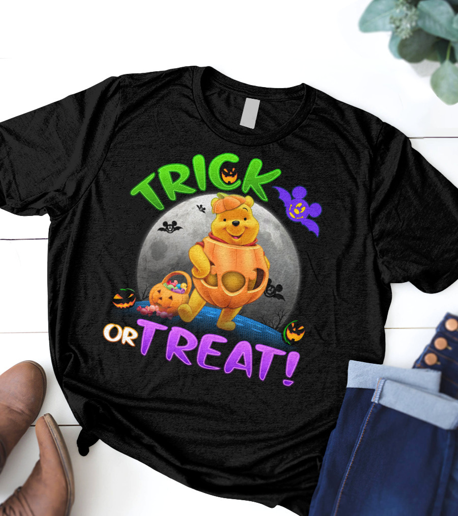 Trick Or Treat Pooh Halloween Moon Bats And Pumpkins T-Shirt